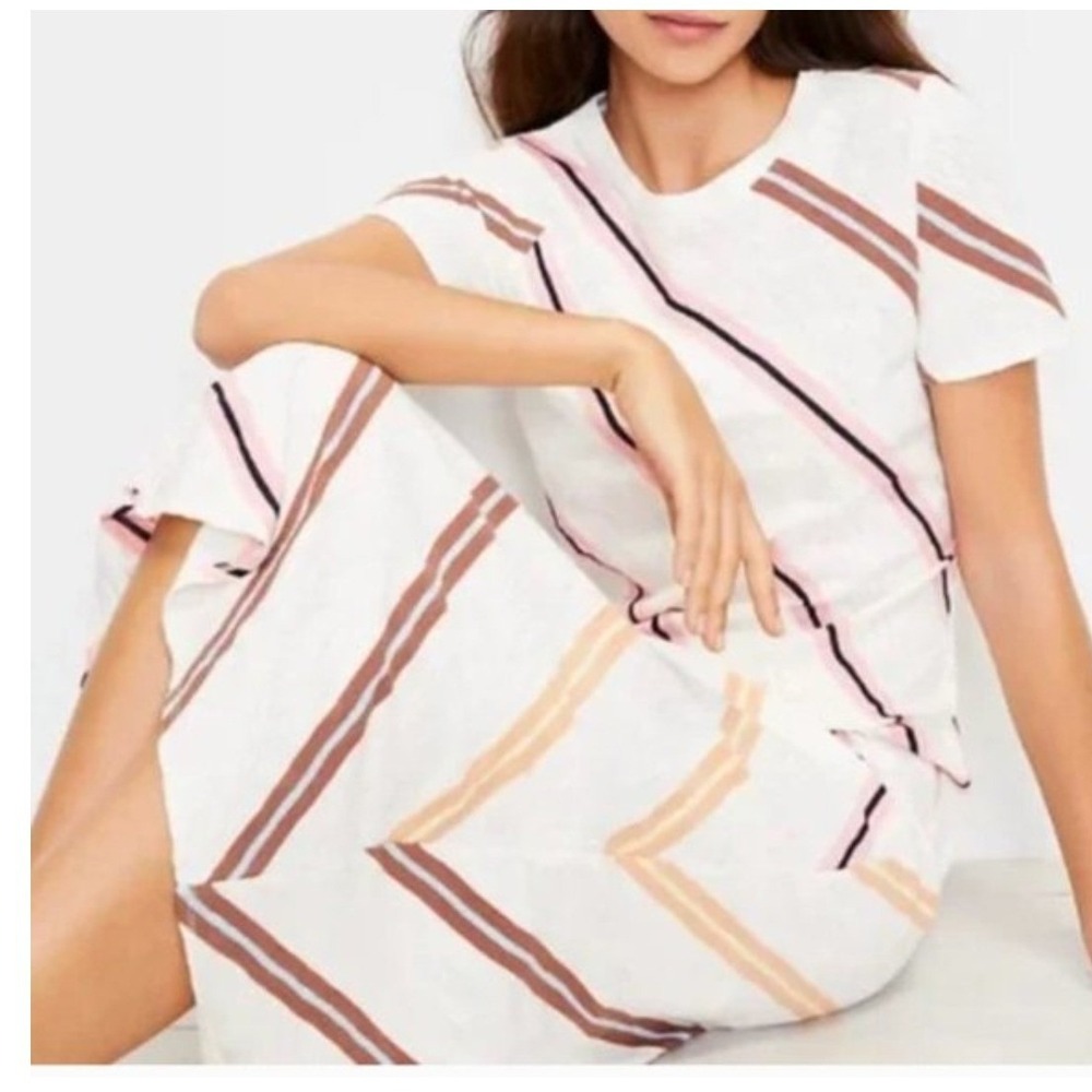 Lou & Grey 100% Cotton‎ Slub Knit Midi Dress Cream Stripe Short Sleeve Medium